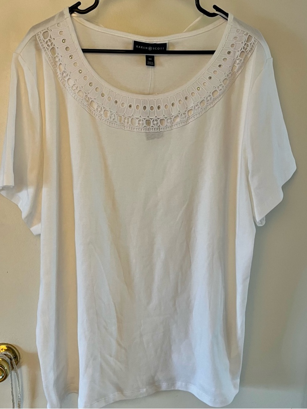 Karen Scott White Short-Sleeve Scoop Neck Top with Crochet Trim